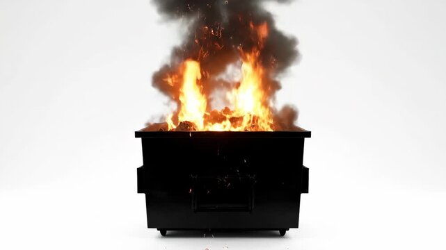 Three stages of a burning dumpster fire with bright orange flames and dark smoke against a clean background. A popular meme and visual metaphor for disaster and chaos