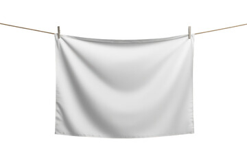 White wrinkled fabric hanging on a rope with clothespins, providing a blank space for design mockups or signifying clean laundry
