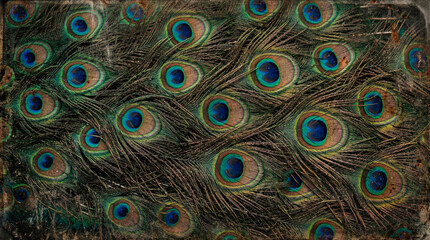 Obraz premium Peacock feathers creating an iridescent eye pattern background