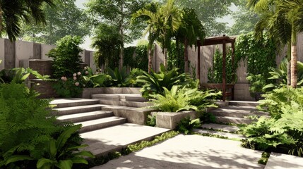 Tranquil Garden Oasis with Lush Greenery and Serene Pathways Surrounded by Tropical Plants and Natural Elements