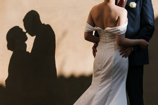 Bride and groom embracing with romantic kissing shadow on wall during wedding day, elegant couple celebrating love and marriage in artistic light and silhouette composition