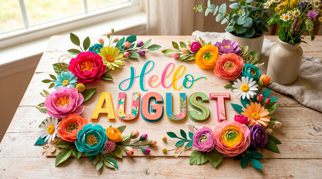 Hello august text surrounded by colorful paper flowers