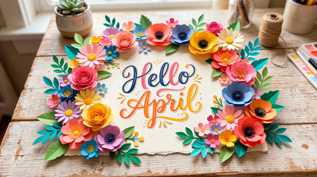 Hello april hand lettering with colorful paper flowers frame