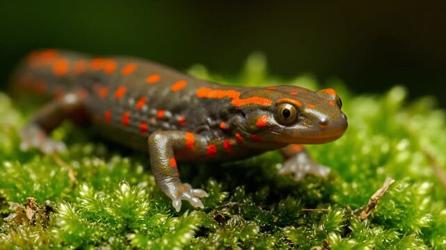 Spotted red salamander on green moss in warm natural lighting for wildlife education
