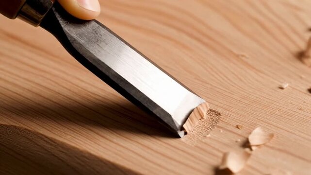 Close-up of a chisel on wood, showcasing craftsmanship and fine details.