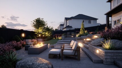 Obraz premium Cozy Evening Patio with Fire Pit, Elegant Landscaping, Outdoor Seating, and Beautiful Garden at Dusk