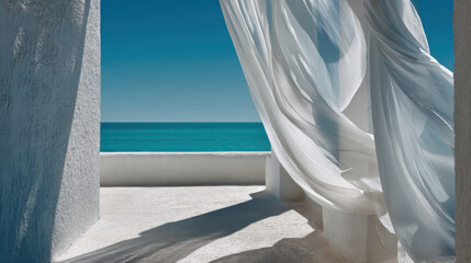 Fototapeta premium Minimal Mediterranean terrace with flowing white linen curtains framing a turquoise sea view, calm summer breeze moving sheer drapes in bright natural sunlight