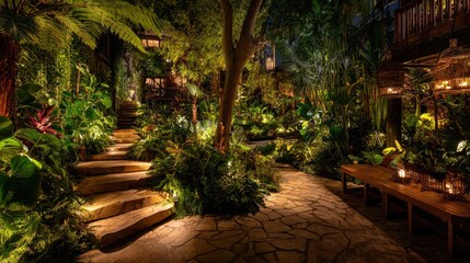 Fototapeta premium Serene Night Garden Pathway Surrounded by Lush Foliage and Warm Ambient Lighting in a Tropical Setting