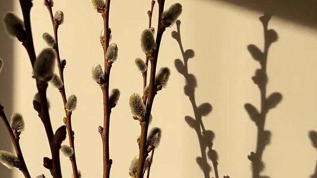 Pussy willow branches with shadows on a warm wall in sunlight