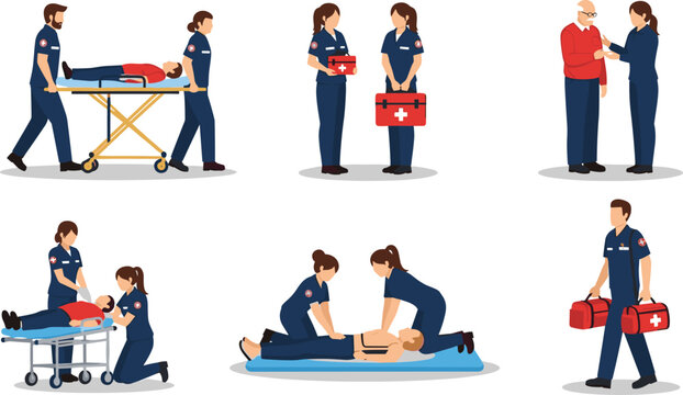 Paramedics and emergency medical technicians providing first aid life support and patient transport with stretcher in flat vector illustration style