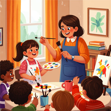 Art teacher guiding young students in a creative painting class