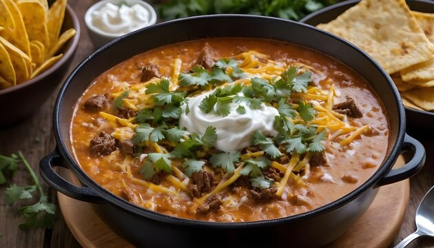 bowl of cheesy beef enchilada soup topped with sour cream