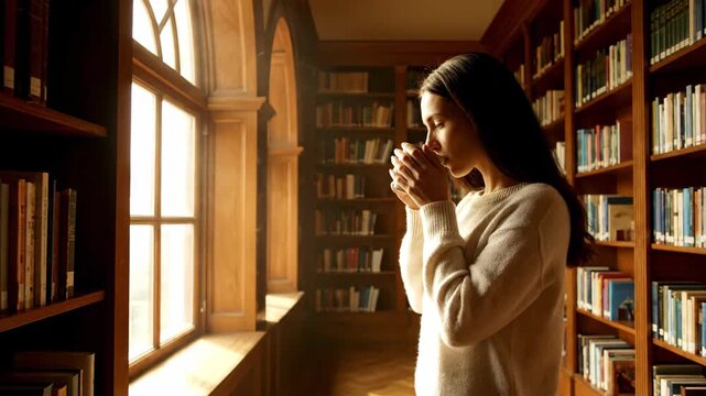 Woman enjoys a drink in a library with rows of books near a window