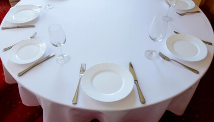 白いテーブルクロスの丸テーブルに並ぶ食器とカトラリー　Firefly生成素材