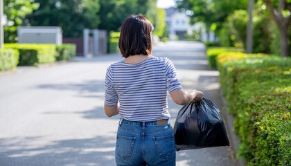 住宅街でゴミ袋を持って歩く女性の後ろ姿　Firefly生成素材