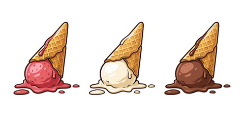 Melting Ice Cream Scoops with Waffle Cones – Strawberry, Vanilla and Chocolate Cartoon Illustration Set