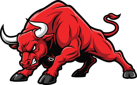 Powerful red bull mascot illustration with sharp horns in a dynamic charging pose for sports team or gym logo