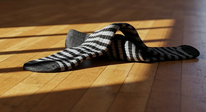 a pair of striped athletic socks, one subtly draped over the other, on a glossy, polished gymnasium floor, lights and shadows, complex lighting with a strong key light, dynamic play of geometric shado