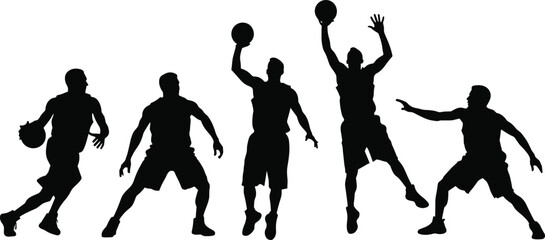 Basketball player silhouette action set showing dribbling, passing, jumping and shooting poses isolated on white background, sports athlete vector illustration collection for game design © MstLata