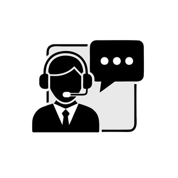 Customer service representative wearing headset with speech bubble indicating communication in a professional setting 7a.eps