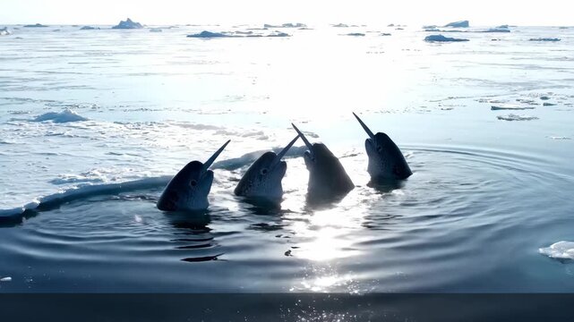 Group of Narwhals Surfacing Through Arctic Sea Ice with Long Tusks in Frozen Ocean Wildlife and Climate Environment Scene