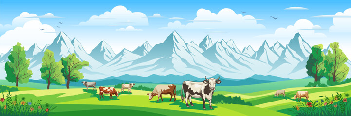 Fototapeta premium Green alpine meadows and hills against a backdrop of mountain peaks, cows grazing in a green meadow, vector illustration