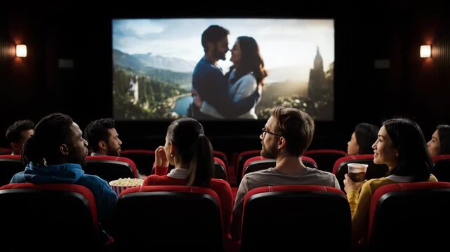 Rear view of a diverse audience enjoying a movie in a modern cinema theater. Panoramic composite showing scenes from an action film and a romantic drama on the big screen