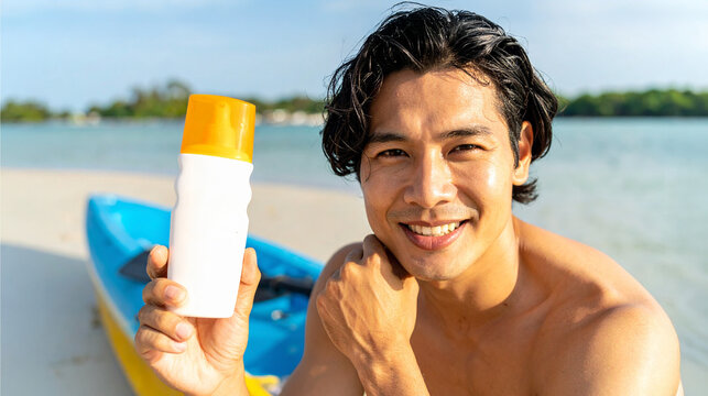 A man smiling at camera holding sun cream on the beach