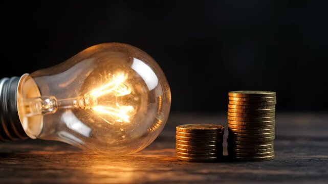 Composite sequence of an incandescent light bulb turning on and off next to stacked coins. Conceptual metaphor for electricity cost, energy consumption, and financial savings