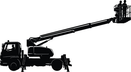 Black Silhouette of Mobile Boom Lift Truck with Workers in Elevated Platform for Construction Industrial Maintenance and Safety Concepts © Bappi