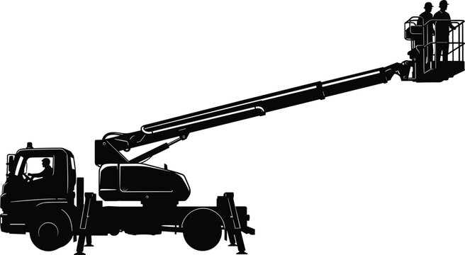 Black Silhouette of Mobile Boom Lift Truck with Workers in Elevated Platform for Construction Industrial Maintenance and Safety Concepts
