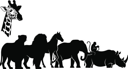 Black silhouettes of wild animals including giraffe lion elephant rhinoceros horse and monkey on white background, set of safari wildlife collection, © Md