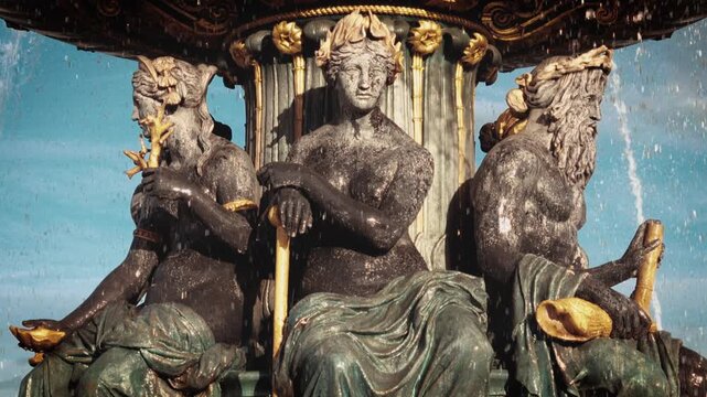 Showcasing Parisian heritage and cultural tourism Blurry handheld retro-film style shot of the Place de la Concorde fountain statues in Paris France travel documentaries historical content or commerci