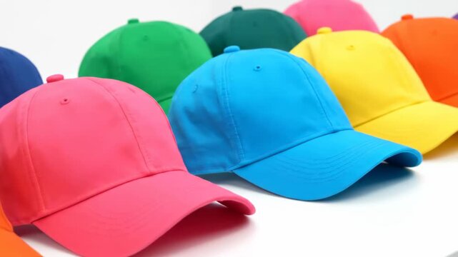 Collection of colorful plain baseball caps in a variety of bright hues. Blank headwear mockup for custom logo design and team apparel merchandising on a white background