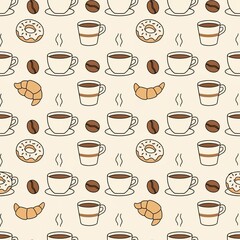 Obraz premium Coffee Break Repeat Pattern Featuring Fresh Baked Goods and Energizing Hot Drinks for Breakfast