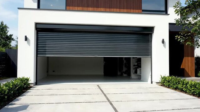 Sequence of a modern black roller shutter garage door opening. Exterior of a contemporary luxury home with a concrete driveway. Automated property access and security