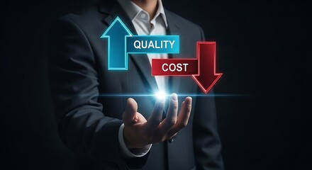 Obraz premium Businessman presenting quality versus cost concept with hand gesture