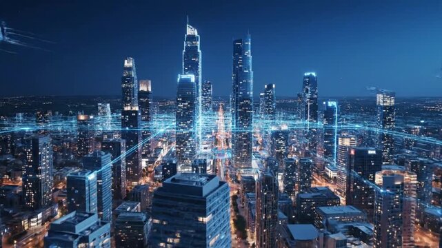 Modern cityscape with futuristic network connections in blue neon lighting on urban grid layout for technology background