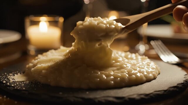 Close up creamy risotto with melted parmesan cheese being stirred with a wooden spoon on a slate plate illuminated by warm candlelight in a romantic dinner setting