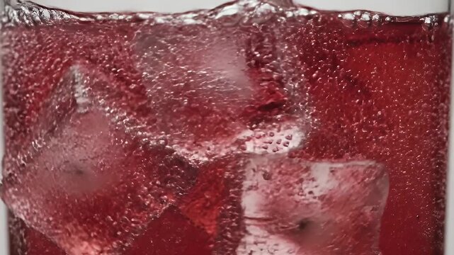 Close Up Macro of Red Bubble Tea With Ice Cubes Sparkling and Bubbling in a Clear Glass Seamless Loop in Soft Studio Lighting