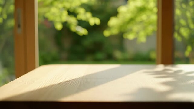 Empty wooden table top with sunlight and leaf shadows for product display. Peaceful morning scene with a blurred green garden background for showcasing cosmetics