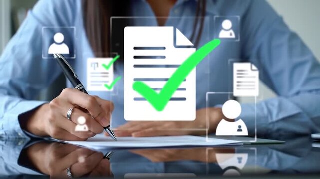 Businesswoman Hands Signing Document with Digital Verification Icons and Workflow Process Overlays Cinematic Footage