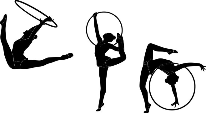 Silhouette of a rhythmic gymnast performing with a hoop, showcasing flexibility and balance