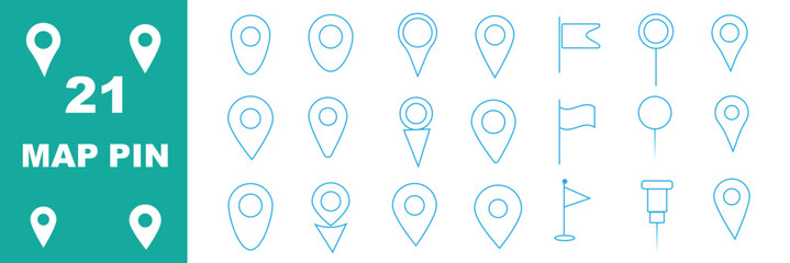 Vector illustration of location pin icons in black-and-white minimalist design symbolizing maps, navigation, travel, and digital cartography