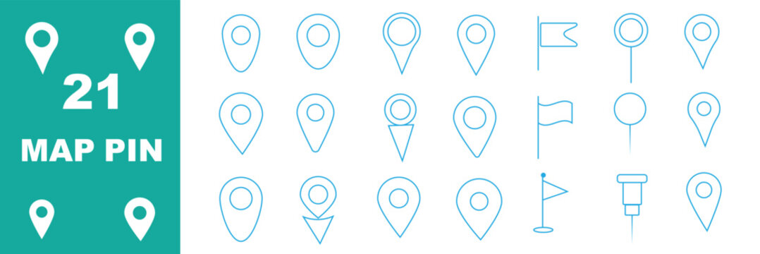 Vector illustration of location pin icons in black-and-white minimalist design symbolizing maps, navigation, travel, and digital cartography
