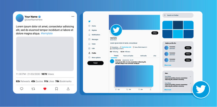 Twitter X post mockup template with Twitter X feed frame for text post, Twitter X photo and text post, Twitter X video and text post on social media and social network