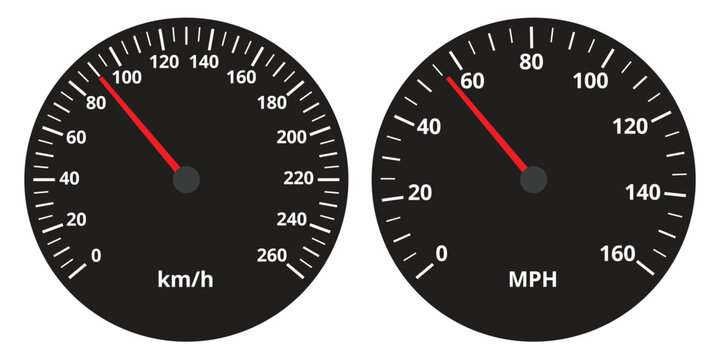 Professional Detailed Car Speedometer Vector Set. 260 kmh and 160 MPH Analog Gauges, Black Dashboard Dials with Red Needles. Isolated on white background