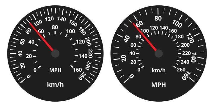 Set of two black speedometers with red needles, featuring kilometer and mile scales double panel. Accurate dual control panels. Isolated vector illustration.
