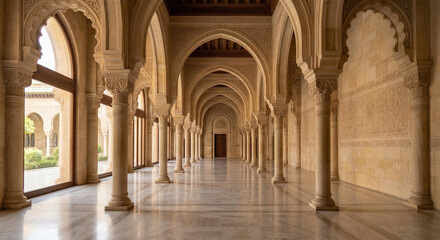Obraz premium Elegant Mosque Corridor With Repeating Arches and Natural Light