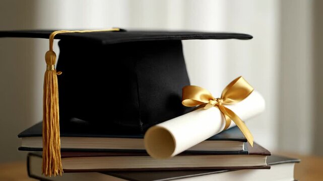 Graduation cap with a gold tassel and diploma scroll resting on a stack of academic books. Higher education learning and academic success for a university graduate